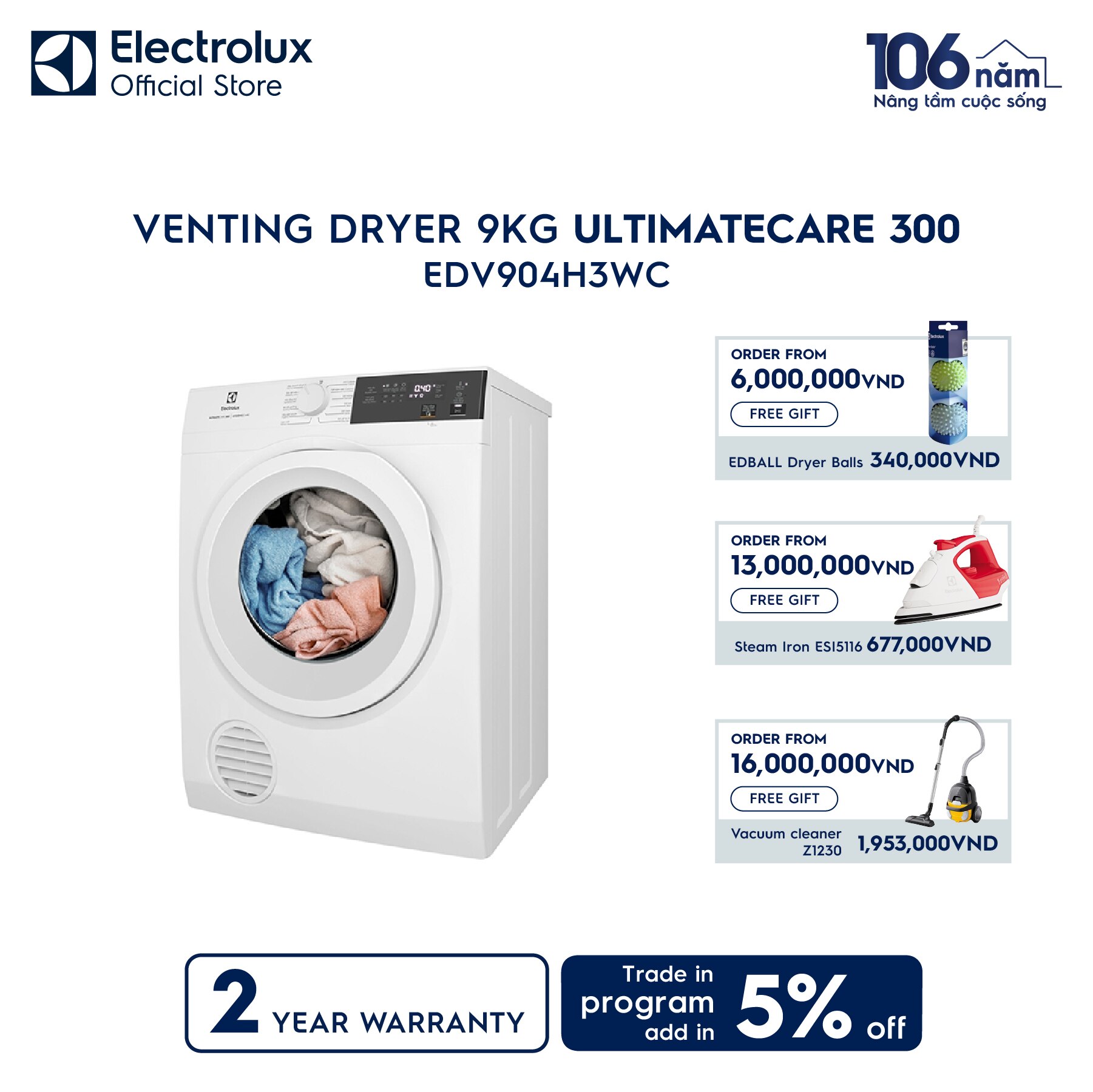 Electrolux vented dryer 9kg EDV904H3WC UltimateCare 300