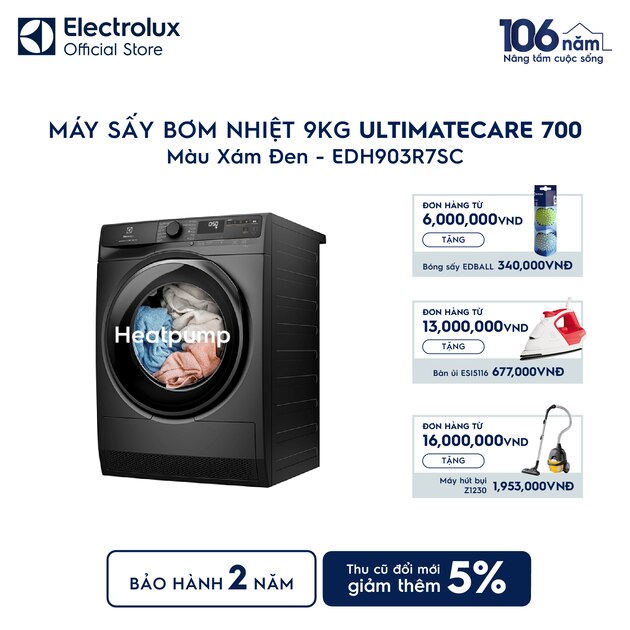 Máy sấy quần áo Electrolux bơm nhiệt 9kg UltimateCare 700 xám