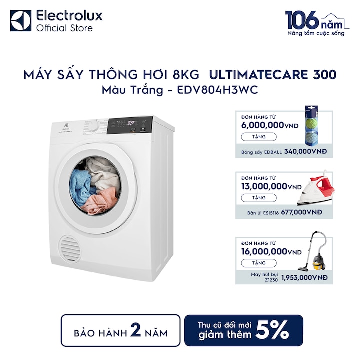 M&aacute;y sấy quần &aacute;o Electrolux th&ocirc;ng hơi 8kg trắng