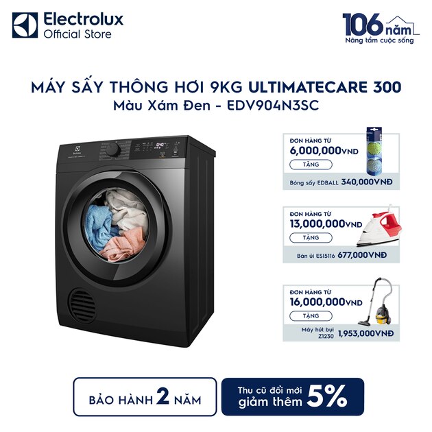 Máy sấy quần áo Electrolux thông hơi 9kg UltimateCare 300 xám