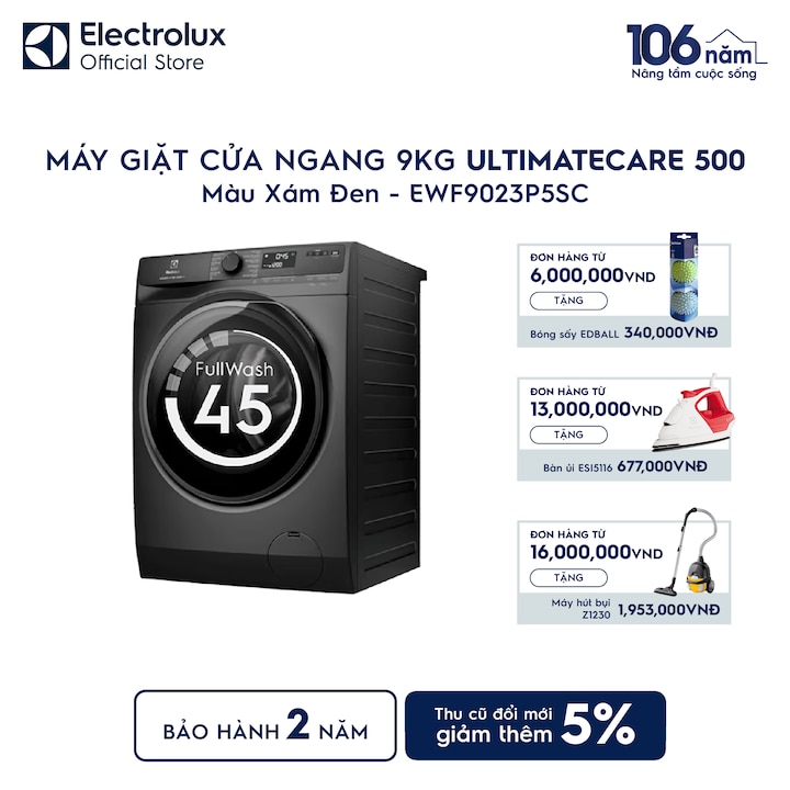 M&aacute;y giặt cửa ngang Electrolux 9kg UltimateCare 500 x&aacute;m đen