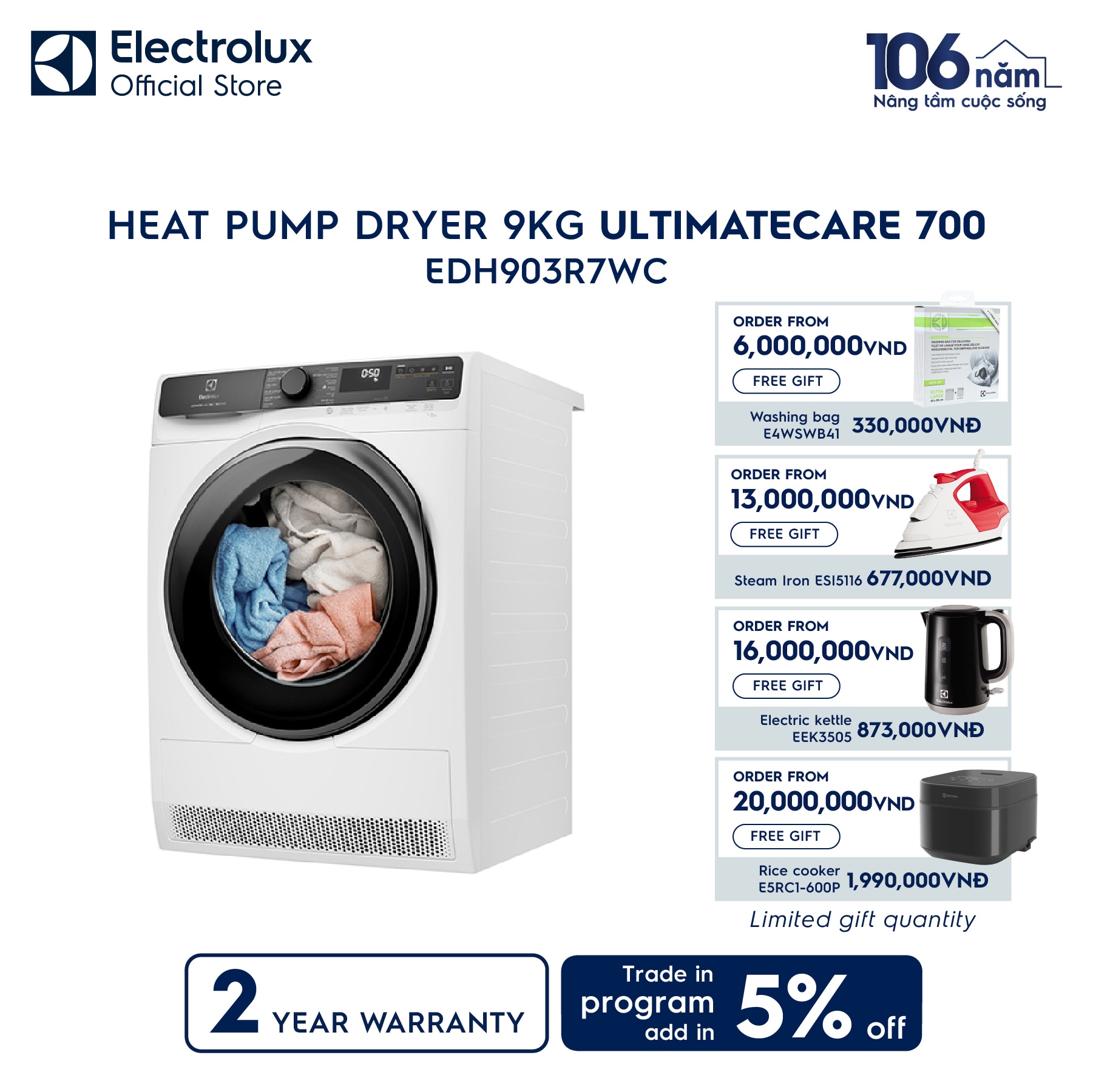 Electrolux heat pump dryer 9kg EDH903R7WC UltimateCare 700