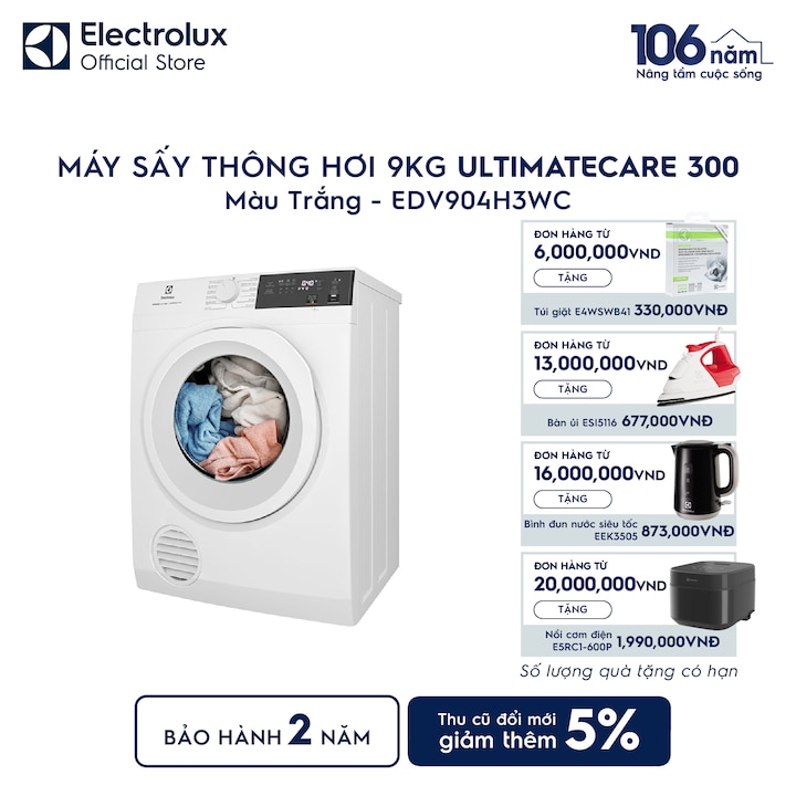 M&aacute;y sấy quần &aacute;o Electrolux th&ocirc;ng hơi 9kg trắng