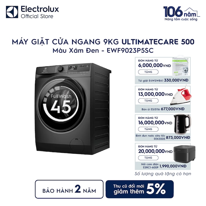 M&aacute;y giặt cửa ngang Electrolux 9kg UltimateCare 500 x&aacute;m đen