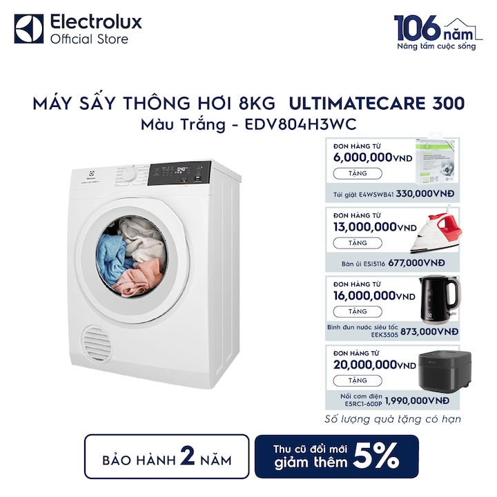 M&aacute;y sấy quần &aacute;o Electrolux th&ocirc;ng hơi 8kg trắng