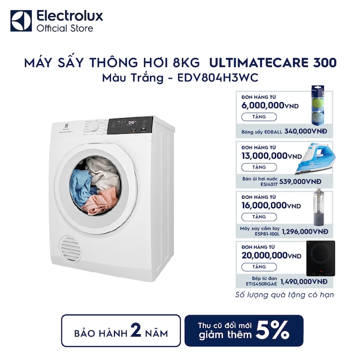 M&aacute;y sấy quần &aacute;o Electrolux th&ocirc;ng hơi 8kg trắng