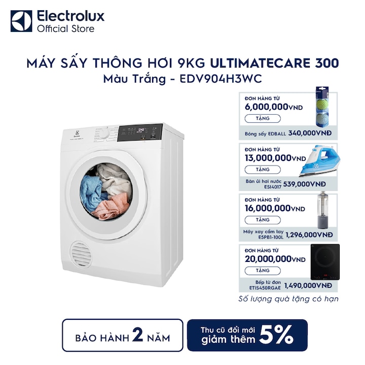 M&aacute;y sấy quần &aacute;o Electrolux th&ocirc;ng hơi 9kg trắng