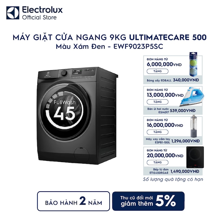 M&aacute;y giặt cửa ngang Electrolux 9kg UltimateCare 500 x&aacute;m đen