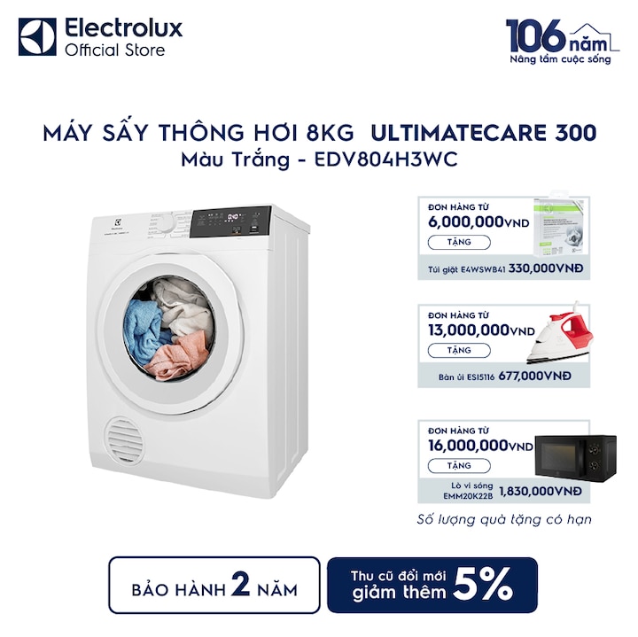 M&aacute;y sấy quần &aacute;o Electrolux th&ocirc;ng hơi 8kg trắng