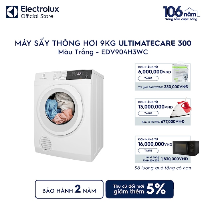 M&aacute;y sấy quần &aacute;o Electrolux th&ocirc;ng hơi 9kg trắng