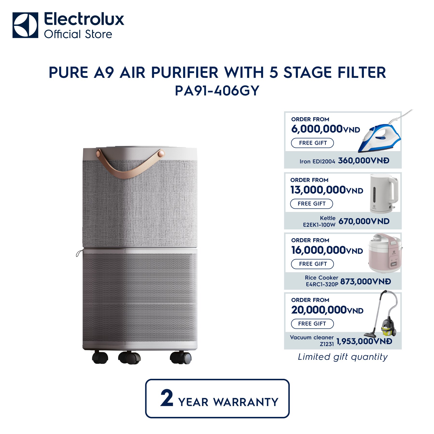 Electrolux Large Air Purifier (60m²) PA91-406GY | Electrolux Viet Nam