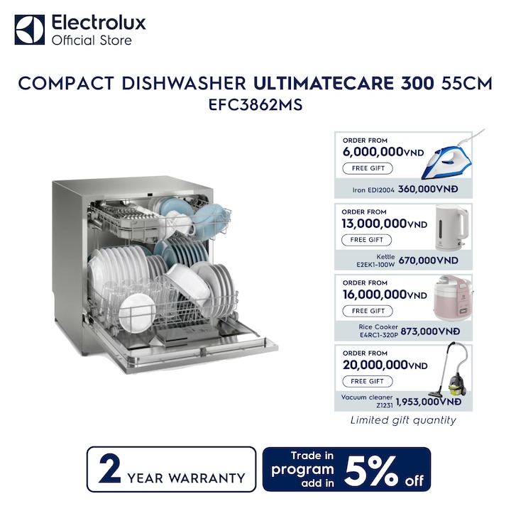 55cm UltimateCare 300 compact dishwasher with 8 place settings