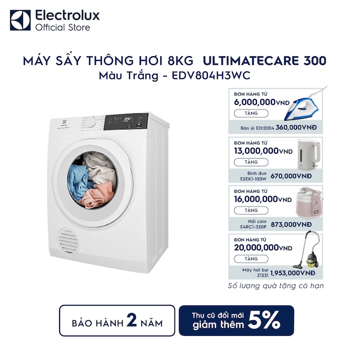 M&aacute;y sấy quần &aacute;o Electrolux th&ocirc;ng hơi 8kg trắng