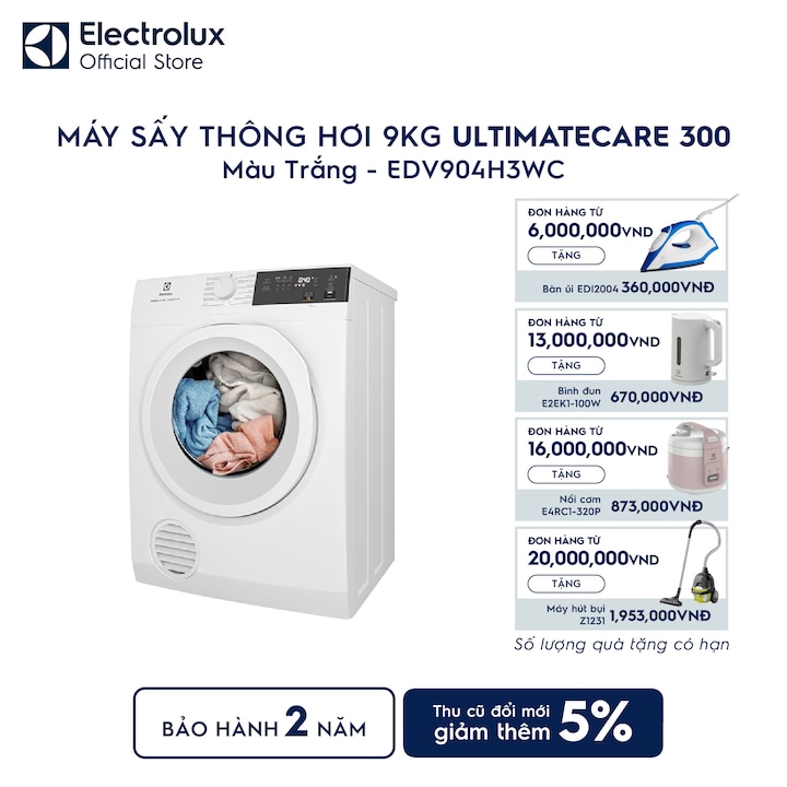 M&aacute;y sấy quần &aacute;o Electrolux th&ocirc;ng hơi 9kg trắng
