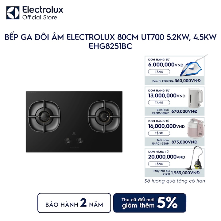 Bếp ga đ&ocirc;i &acirc;m Electrolux 80cm UT700 5.2kW, 4.5kW