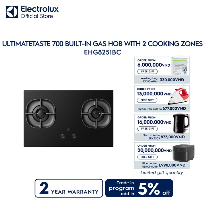 80cm UltimateTaste 700 built-in gas hob with 2 cooking zones
