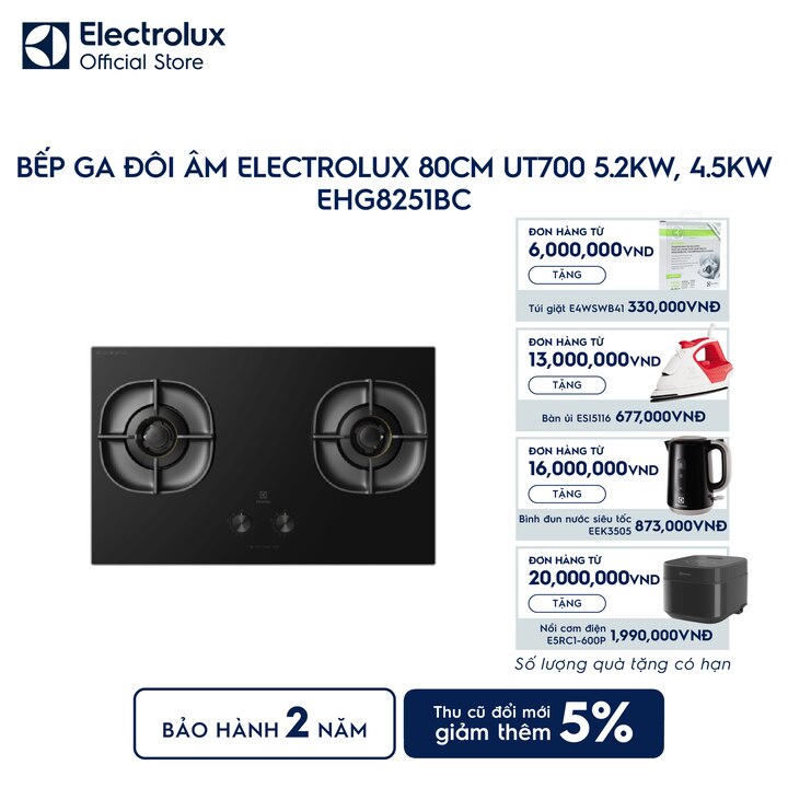 Bếp ga đ&ocirc;i &acirc;m Electrolux 80cm UT700 5.2kW, 4.5kW