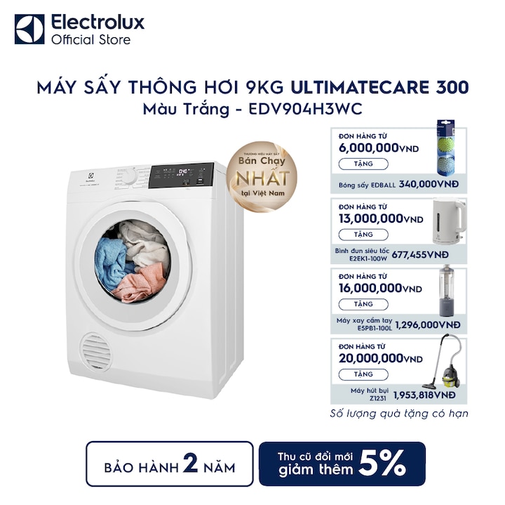 M&aacute;y sấy quần &aacute;o Electrolux th&ocirc;ng hơi 9kg trắng