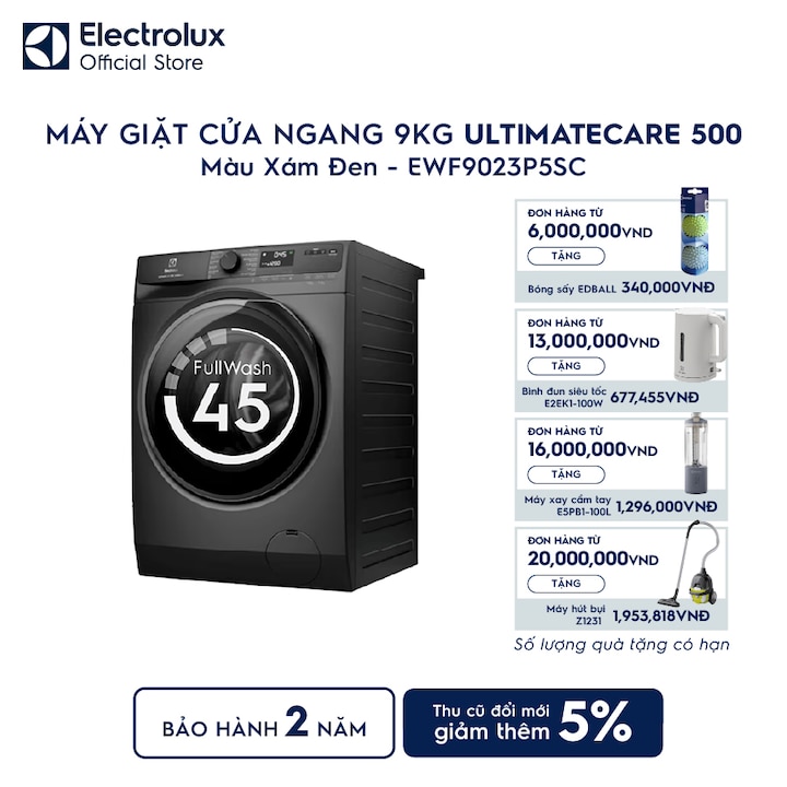 M&aacute;y giặt cửa ngang Electrolux 9kg UltimateCare 500 x&aacute;m đen