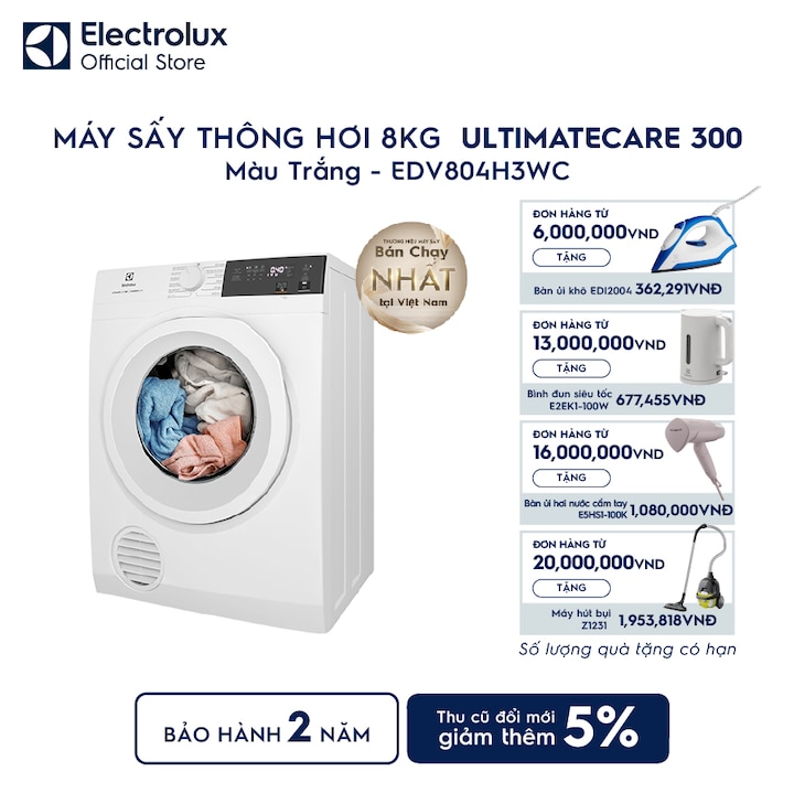 M&aacute;y sấy quần &aacute;o Electrolux th&ocirc;ng hơi 8kg trắng