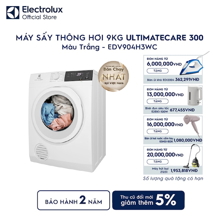 M&aacute;y sấy quần &aacute;o Electrolux th&ocirc;ng hơi 9kg trắng