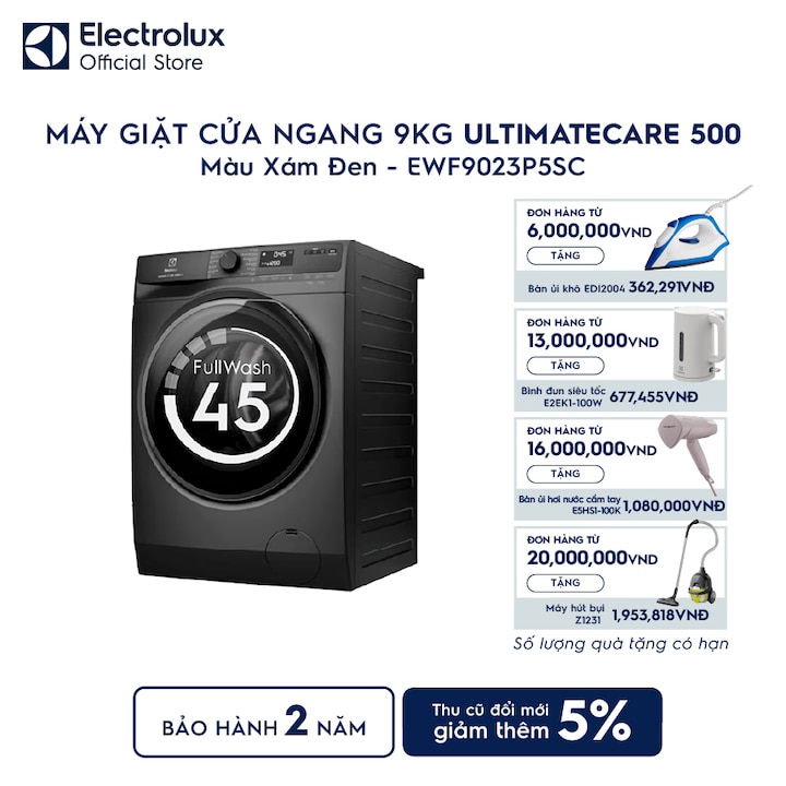 M&aacute;y giặt cửa ngang Electrolux 9kg UltimateCare 500 x&aacute;m đen