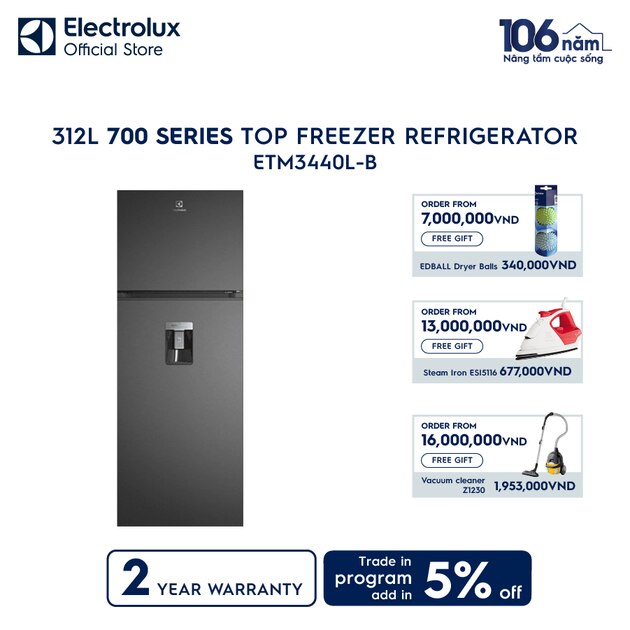 Electrolux refrigerator Inverter 341 liters ETM3440L-B with top freezer
